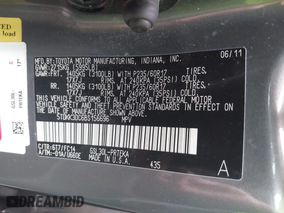 2011 Toyota Sienna LE AAS with VIN 5TDKK3DC6BS156696, listed as a IAAI auction lot 42425381 with 161,787 mi miles and . Bid and sale history available at DreamBid. Image 9.