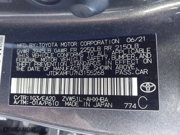 2022 Toyota Prius L Eco with VIN JTDKAMFU7N3155268, listed as a IAAI auction lot 41589024 with 158,430 mi miles. Bid and sale history available at carsss.com. Image 9.