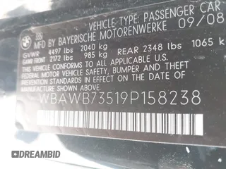 2009 BMW 3 Series 335i с VIN WBAWB73519P158238, выставлен на аукционе IAAI как лот 41720560 с пробегом 154 846 миль миль и . История ставок и продаж доступна на DreamBid. Изображение 9.