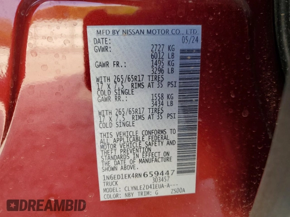2024 Nissan Frontier SL with VIN 1N6ED1EK4RN659447, listed as a Copart auction lot 53338105 with 4,895 mi miles and Salvage title. Bid and sale history available at DreamBid. Image 14.