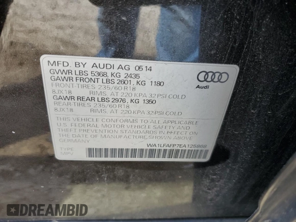 2014 Audi Q5 Premium Plus with VIN WA1LFAFP7EA125868, listed as a Copart auction lot 51979065 with 117,756 mi miles and Salvage title. Bid and sale history available at DreamBid. Image 15.