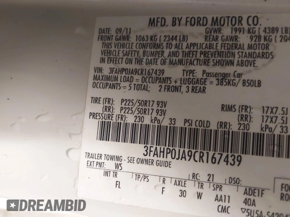 2012 Ford Fusion SEL with VIN 3FAHP0JA9CR167439, listed as a IAAI auction lot 42240409 with 146,921 mi miles and . Bid and sale history available at DreamBid. Image 9.