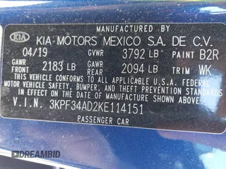 2019 Kia Forte S z VIN 3KPF34AD2KE114151, wystawiony jako IAAI lot #41986742 z przebiegiem 44 922 mil mil oraz . Historia ofert i sprzedaży dostępna na DreamBid. Obrazek 9.