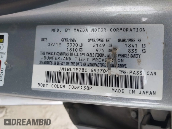 2012 Mazda 3 i Grand Touring with VIN JM1BL1M78C1693704, listed as a IAAI auction lot 41866493 with 295,870 mi miles and . Bid and sale history available at DreamBid. Image 9.