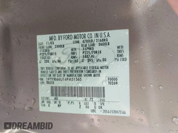2004 Ford Ranger XL Fleet with VIN 1FTYR44U14PA51565, listed as a IAAI auction lot 41668282 with Not Provided miles and . Bid and sale history available at DreamBid. Image 9.
