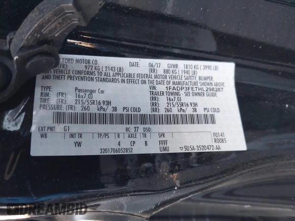 2017 Ford Focus SE with VIN 1FADP3FE7HL298287, listed as a IAAI auction lot 41870698 with Not Provided miles and . Bid and sale history available at carsss.com. Image 9.