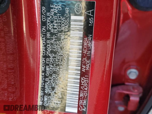 2010 Lexus HS 250h with VIN JTHBB1BA6A2001379, listed as a Copart auction lot 55507805 with 99,366 mi miles and Salvage Title. Bid and sale history available at DreamBid. Image 13.
