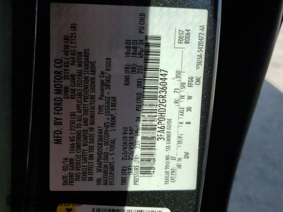 2016 Ford Fusion SE with VIN 3FA6P0HD2GR360447, listed as a Copart auction lot 50509675 with 168,876 mi miles and Salvage Title. Bid and sale history available at DreamBid. Image 12.