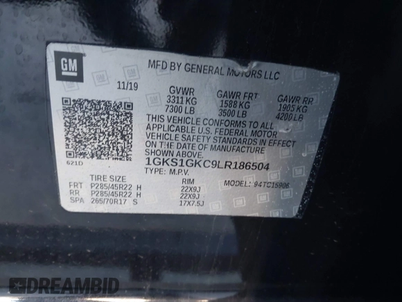 2020 GMC Yukon XL SLT with VIN 1GKS1GKC9LR186504, listed as a IAAI auction lot 41302367 with 20,109 mi miles. Bid and sale history available at carsss.com. Image 9.