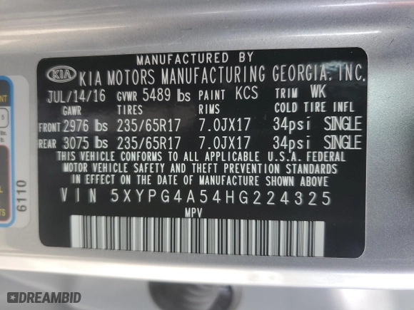2017 Kia Sorento LX V6 with VIN 5XYPG4A54HG224325, listed as a Copart auction lot 51541545 with 222,222 mi miles and Clean Title. Bid and sale history available at carsss.com. Image 13.