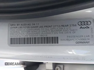 2012 Audi A6 Premium Plus with VIN WAUBGAFC1CN004574, listed as a IAAI auction lot 42335361 with 76,655 mi miles and . Bid and sale history available at DreamBid. Image 9.