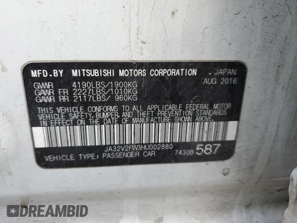 2017 Mitsubishi Lancer ES with VIN JA32V2FW3HU002880, listed as a Copart auction lot 88134085 with 129,954 mi miles and Salvage Title. Bid and sale history available at carsss.com. Image 12.