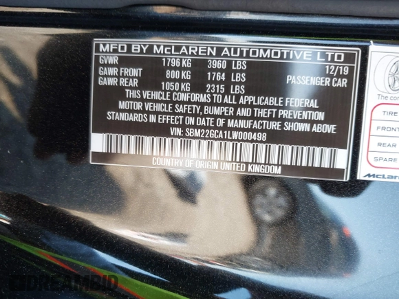2020 McLaren GT with VIN SBM22GCA1LW000498, listed as a IAAI auction lot 41265247 with 18,465 mi miles. Bid and sale history available at carsss.com. Image 9.