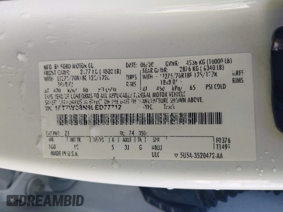 2020 Ford F-250 XL with VIN 1FT7W2BN9LED77712, listed as a IAAI auction lot 40843842 with 75,460 mi miles and . Bid and sale history available at DreamBid. Image 9.