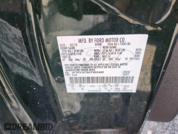 2012 Ford F-150 XL with VIN 1FTFX1ET6CFB05495, listed as a Copart auction lot 64080505 with 161,251 mi miles and Clean title. Bid and sale history available at DreamBid. Image 12.