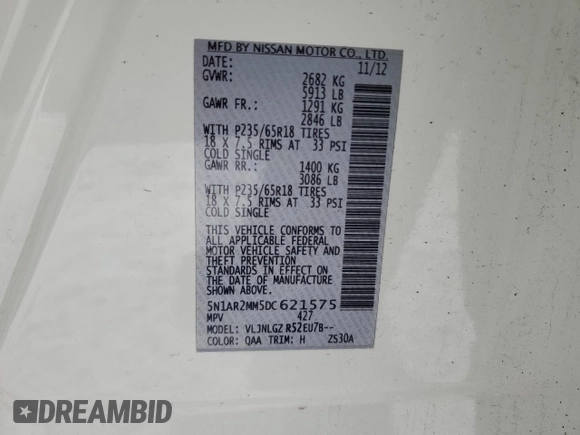 2013 Nissan Pathfinder Platinum with VIN 5N1AR2MM5DC621575, listed as a Copart auction lot 41856495 with 143,227 mi miles and Salvage Title. Bid and sale history available at carsss.com. Image 15.