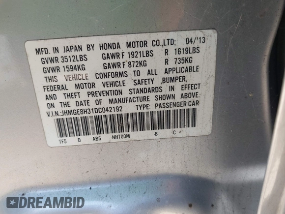 2013 Honda Fit with VIN JHMGE8H31DC042192, listed as a IAAI auction lot 42036582 with 63,223 mi miles. Bid and sale history available at carsss.com. Image 9.