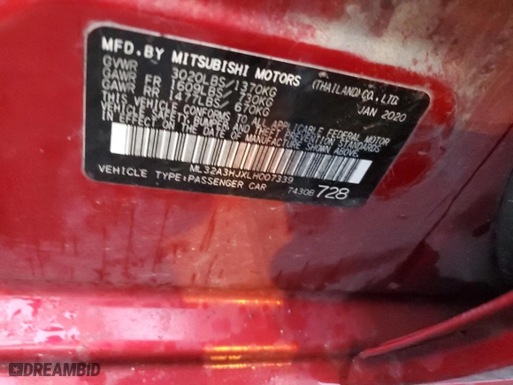 2020 Mitsubishi Mirage ES with VIN ML32A3HJXLH007339, listed as a Copart auction lot 87726615 with 91,947 mi miles and Salvage Title. Bid and sale history available at carsss.com. Image 12.