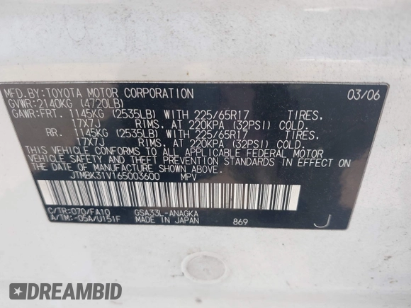 2006 Toyota RAV4 Limited with VIN JTMBK31V165003600, listed as a IAAI auction lot 42782705 with 206,215 mi miles and . Bid and sale history available at DreamBid. Image 9.