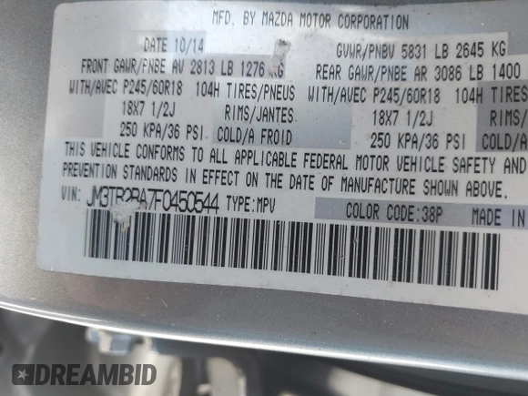 2015 Mazda CX-9 Sport with VIN JM3TB2BA7F0450544, listed as a IAAI auction lot 41812565 with 81,727 mi miles and . Bid and sale history available at carsss.com. Image 9.