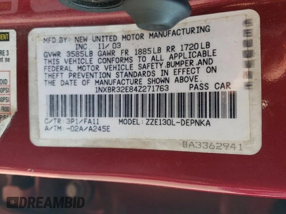 2004 Toyota Corolla CE with VIN 1NXBR32E84Z271763, listed as a Copart auction lot 53714305 with 280,439 mi miles and Clean Title. Bid and sale history available at DreamBid. Image 12.