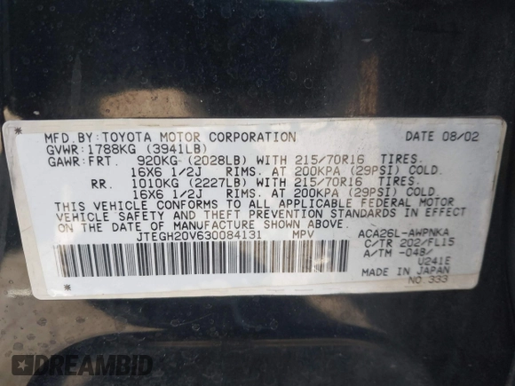 2003 Toyota RAV4 with VIN JTEGH20V630084131, listed as a IAAI auction lot 41317722 with 1 mi miles. Bid and sale history available at carsss.com. Image 9.