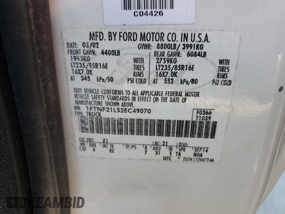 2002 Ford Super Duty F-250 XL with VIN 1FTNF21L52EC49070, listed as a Copart auction lot 75403484 with 163,606 mi miles and Salvage Title. Bid and sale history available at carsss.com. Image 13.