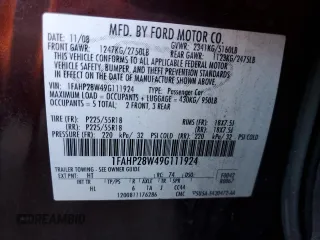2009 Ford Taurus Limited with VIN 1FAHP28W49G111924, listed as a Copart auction lot 43807235 with 0 mi miles and Salvage Title. Bid and sale history available at carsss.com. Image 12.