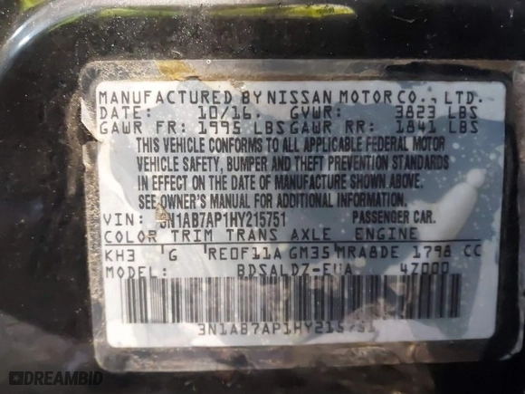2017 Nissan Sentra S with VIN 3N1AB7AP1HY215751, listed as a IAAI auction lot 41564318 with NaN miles. Bid and sale history available at carsss.com. Image 9.