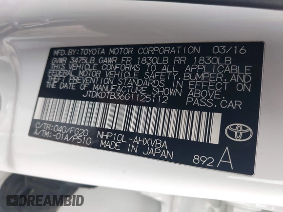 2016 Toyota Prius One с VIN JTDKDTB36G1125112, выставлен на аукционе IAAI как лот 42165702 с пробегом 112 667 миль миль и . История ставок и продаж доступна на DreamBid. Изображение 9.