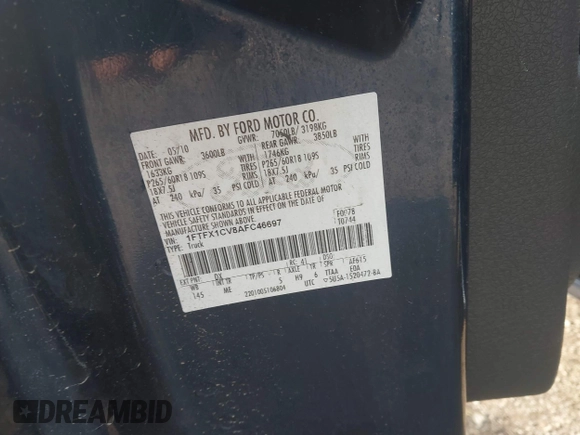 2010 Ford F-150 XL with VIN 1FTFX1CV8AFC46697, listed as a IAAI auction lot 41942368 with 147,007 mi miles and . Bid and sale history available at DreamBid. Image 9.
