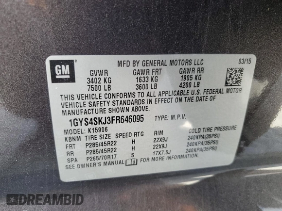 2015 Cadillac Escalade ESV Luxury with VIN 1GYS4SKJ3FR646095, listed as a Copart auction lot 52110345 with 89,818 mi miles and Salvage title. Bid and sale history available at DreamBid. Image 13.