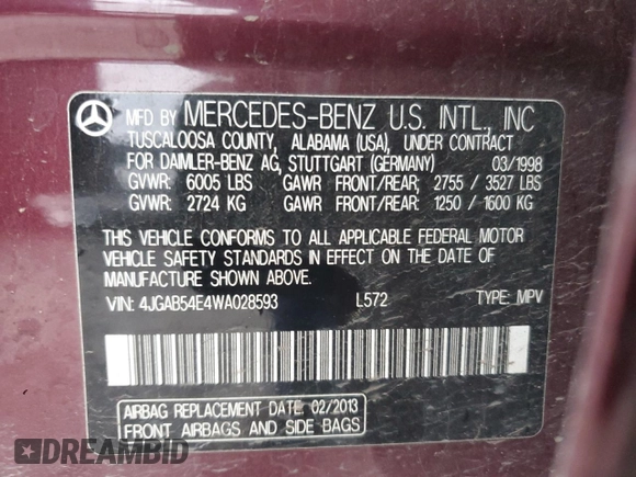 1998 Mercedes-Benz M-Class with VIN 4JGAB54E4WA028593, listed as a Copart auction lot 88130125 with 200,823 mi miles and Clean Title. Bid and sale history available at carsss.com. Image 13.