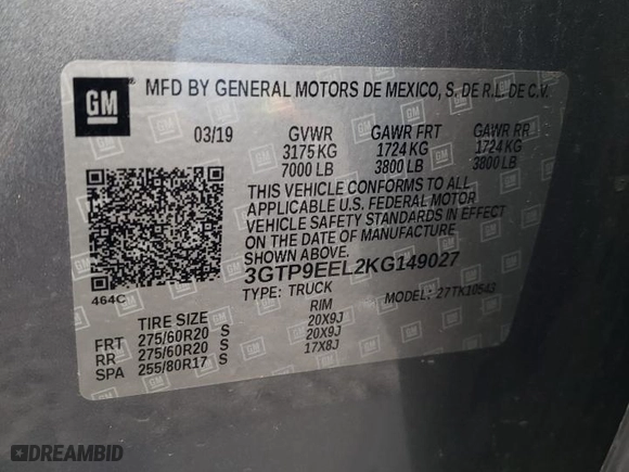 2019 GMC Sierra 1500 AT4 with VIN 3GTP9EEL2KG149027, listed as a Copart auction lot 45293045 with 56,328 mi miles and Salvage Title. Bid and sale history available at carsss.com. Image 12.