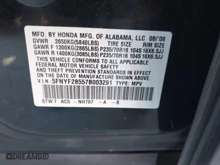 2007 Honda Pilot EX-L with VIN 5FNYF28557B003291, listed as a IAAI auction lot 41812795 with 191,493 mi miles. Bid and sale history available at carsss.com. Image 9.