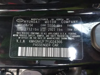 2015 Hyundai Genesis 5.0L with VIN KMHGN4JF7FU024366, listed as a IAAI auction lot 41657517 with 182,251 mi miles. Bid and sale history available at carsss.com. Image 9.