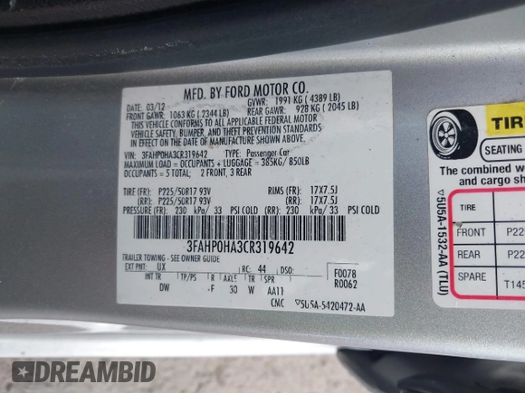 2012 Ford Fusion SE with VIN 3FAHP0HA3CR319642, listed as a IAAI auction lot 42611933 with 115,357 mi miles and . Bid and sale history available at DreamBid. Image 9.
