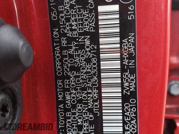 2019 Toyota Prius LE z VIN JTDL9RFU3K3008712, wystawiony jako Copart lot #55384635 z przebiegiem 34 228 mil mil oraz Szkoda całkowita • Salvage title. Historia ofert i sprzedaży dostępna na DreamBid. Obrazek 12.