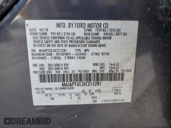 2018 Ford EcoSport SE with VIN MAJ6P1UL3JC215281, listed as a Copart auction lot 46451045 with Not Provided miles and Salvage Title. Bid and sale history available at carsss.com. Image 14.