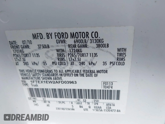 2010 Ford F-150 XL with VIN 1FTEX1EW2AFD03963, listed as a IAAI auction lot 42484788 with 69,056 mi miles and . Bid and sale history available at DreamBid. Image 9.