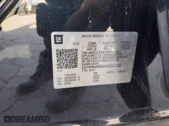 2019 Cadillac XT5 FWD with VIN 1GYKNARS1KZ211222, listed as a Copart auction lot 51468135 with 37,965 mi miles and Non Repairable. Bid and sale history available at carsss.com. Image 13.