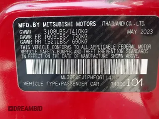 2023 Mitsubishi Mirage ES with VIN ML32FUFJ1PHF06114, listed as a IAAI auction lot 42164974 with 25,281 mi miles and . Bid and sale history available at DreamBid. Image 9.