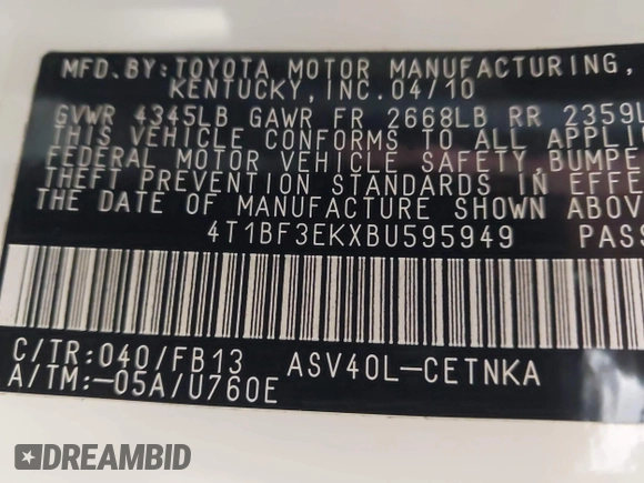 2011 Toyota Camry LE with VIN 4T1BF3EKXBU595949, listed as a IAAI auction lot 42038004 with 159,037 mi miles and . Bid and sale history available at DreamBid. Image 9.