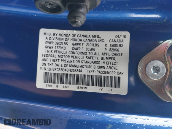 2016 Honda Civic EX-T с VIN 2HGFC3B34GH353844, выставлен на аукционе IAAI как лот 41576596 с пробегом 127 704 миль миль и . История ставок и продаж доступна на DreamBid. Изображение 9.