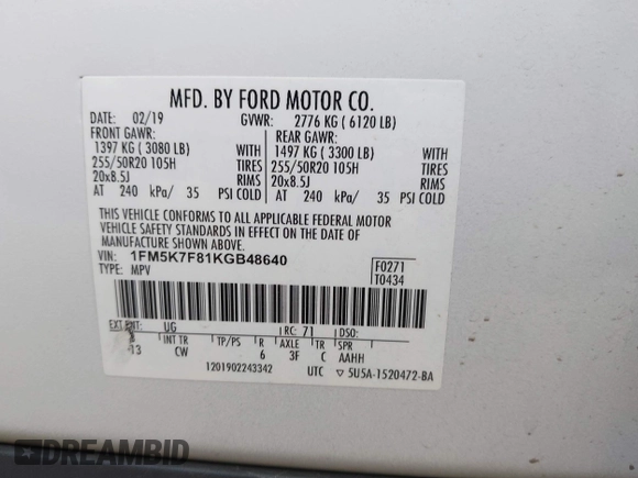 2019 Ford Explorer Limited с VIN 1FM5K7F81KGB48640, выставлен на аукционе IAAI как лот 42359695 с пробегом 119 571 миль миль и . История ставок и продаж доступна на DreamBid. Изображение 9.