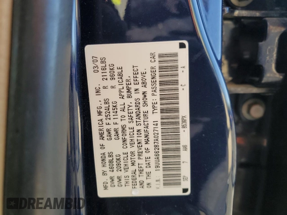 2007 Acura TL with VIN 19UUA66287A027141, listed as a Copart auction lot 52120285 with 207,838 mi miles and Salvage Title. Bid and sale history available at carsss.com. Image 14.