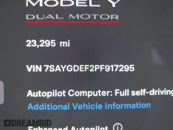 2023 Tesla Model Y Performance z VIN 7SAYGDEF2PF917295, wystawiony jako IAAI lot #41260852 z przebiegiem 23 295 mil mil oraz . Historia ofert i sprzedaży dostępna na DreamBid. Obrazek 9.