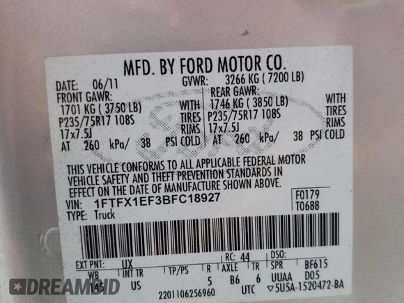 2011 Ford F-150 XL with VIN 1FTFX1EF3BFC18927, listed as a Copart auction lot 53183275 with 113,140 mi miles and Salvage Title. Bid and sale history available at DreamBid. Image 12.