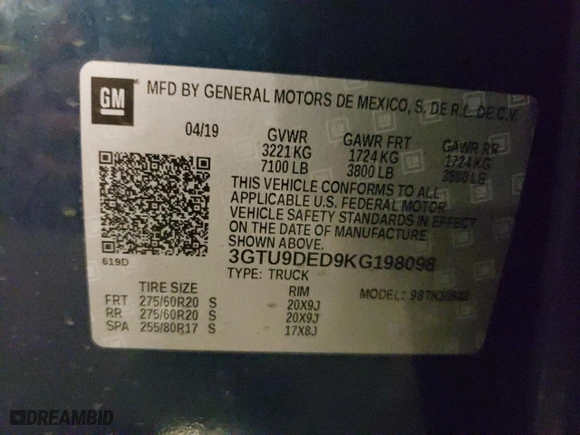 2019 GMC Sierra 1500 SLT with VIN 3GTU9DED9KG198098, listed as a Copart auction lot 45644995 with 0 mi miles and Salvage Title. Bid and sale history available at carsss.com. Image 12.