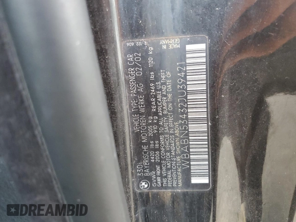 2002 BMW 3 Series 330Ci with VIN WBABN53432JU39421, listed as a Copart auction lot 72188204 with 67,439 mi miles and Salvage Title. Bid and sale history available at DreamBid. Image 14.
